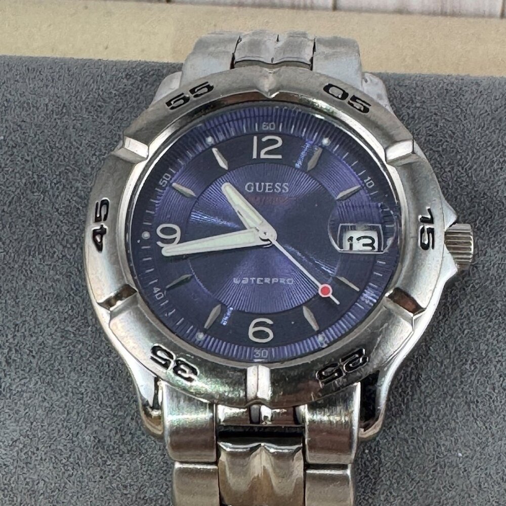Vintage Guess Watch Mans Guilloche Enameled Blue Dial Luminous Hands and Accents